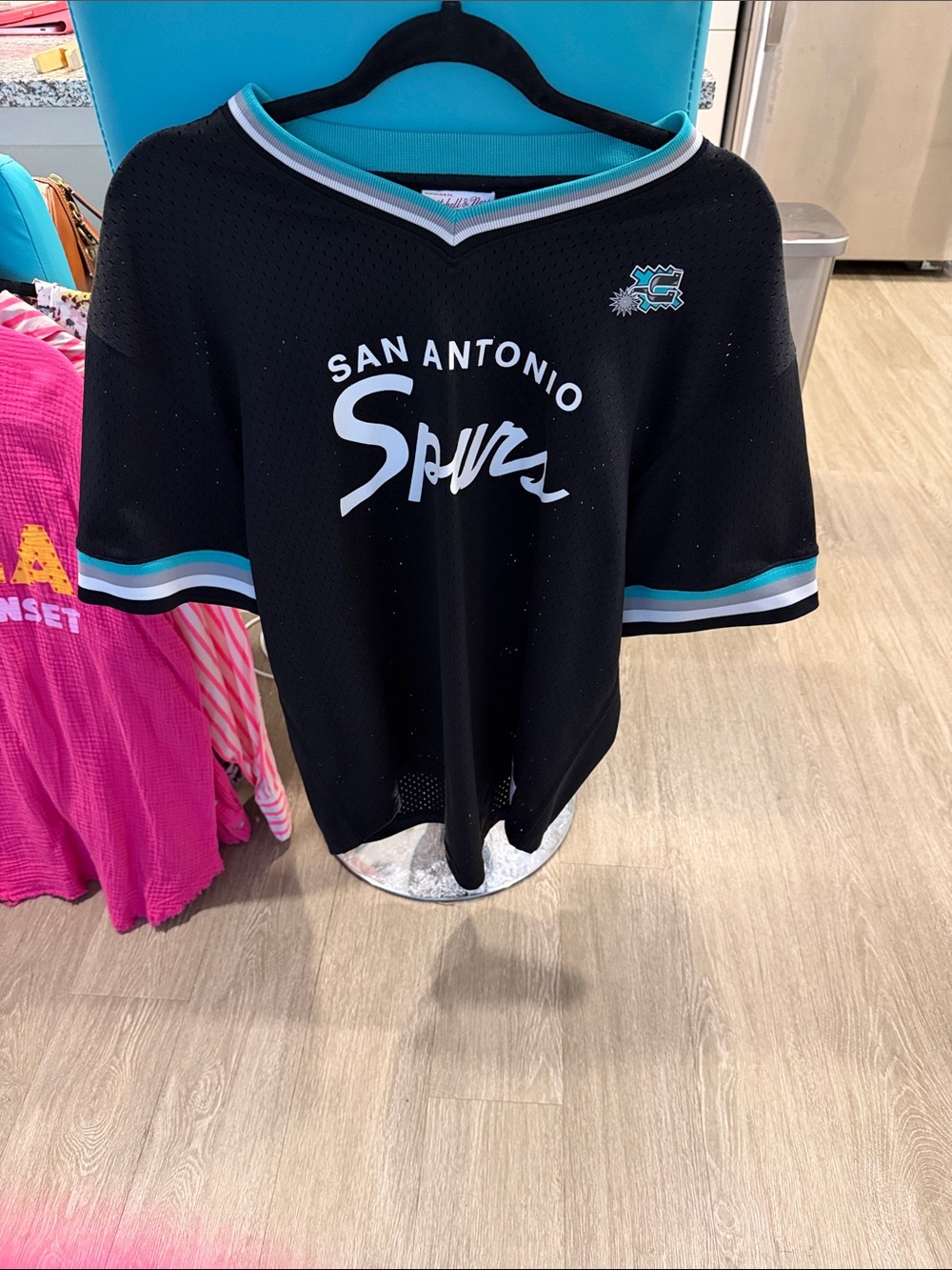 Mitchell & Ness San Antonio Spurs Black Jersey Top with Teal Trim